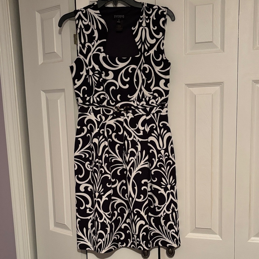 Enfocus Studio Navy and White Patterned Midi Dress